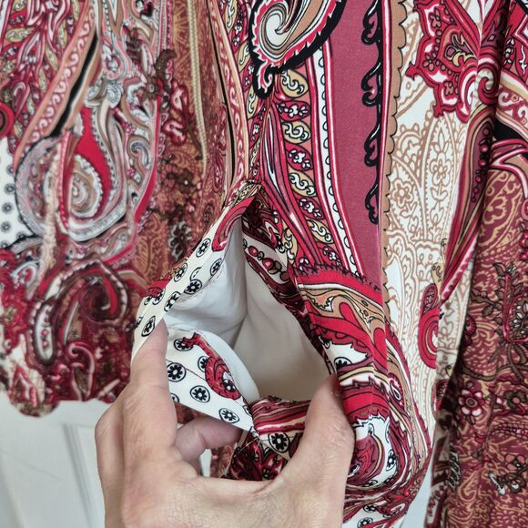 Chico's Size 2 Women's Large Zip Jacket Burgundy Cream Paisley Satin Feel - Picture 6 of 6